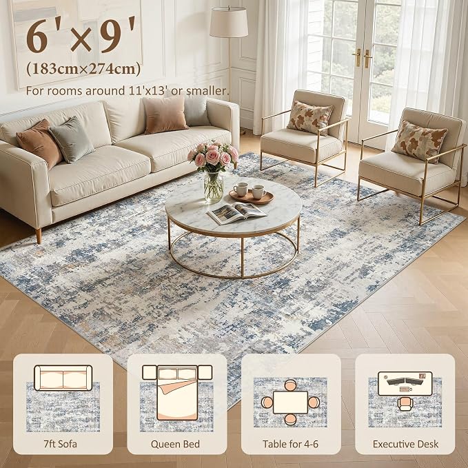 6x9 Area Rug Living Room Rugs: Washable Large Soft Abstract Modern Neutral Rug Stain Resistant & Non-Slip Low-Pile Carpet for Bedroom Dining Nursery Home Office Room Decor - Grey Blue