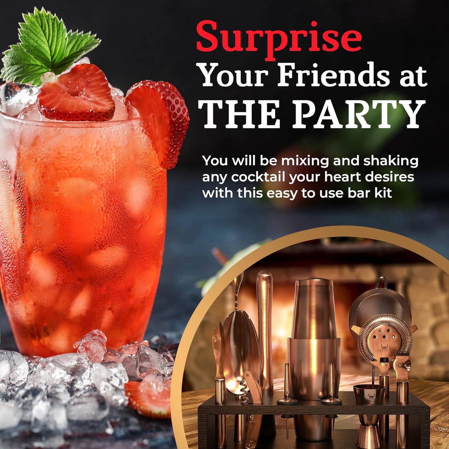 Highball & Chaser Bartender Kit with Black Bamboo Stand Beautiful Cocktail Shaker Set and Bar Tools Stainless Steel Boston Shaker Bartender Kit with Stand (Antique Copper)