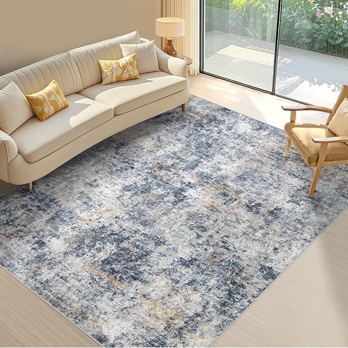 Tortania Washable 6x9 Area Rug for Living Room: Modern Abstract Neutral Large Soft Thin Rugs - Non Slip Indoor Carpet for Bedroom Dining Room Office Nursery Home Floor Decoration - Blue Grey