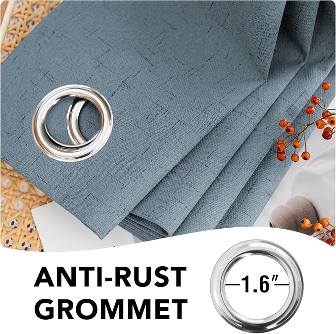 H.VERSAILTEX Linen Blackout Curtains 45 Inches Long 100% Blackout Thermal Insulated Textured Linen Look Curtain Draperies Anti-Rust Grommet, Energy Saving with White Liner, 2 Panels, Stone Blue