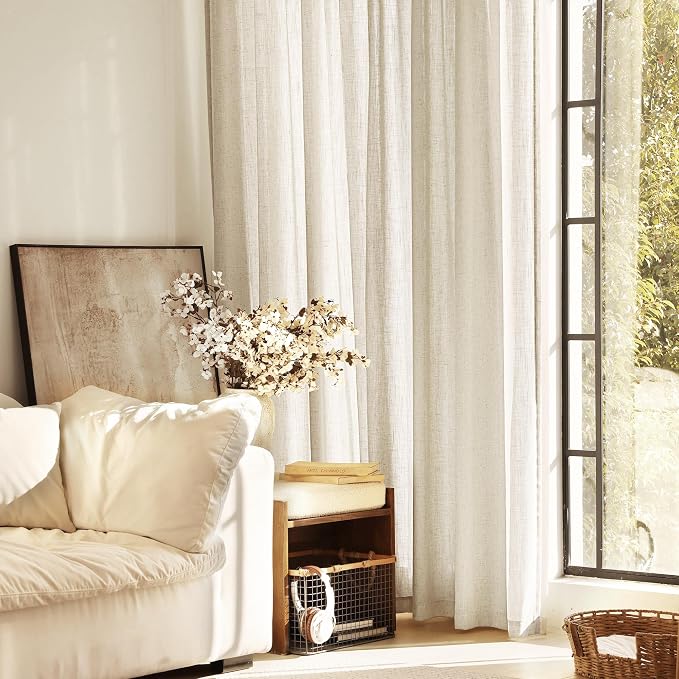 Faux Linen Beige Curtains 84 Inches Long for Living Room Rustic Farmhouse Semi Sheer Drapes Set of 2 Panels 52x84 Khaki Tan