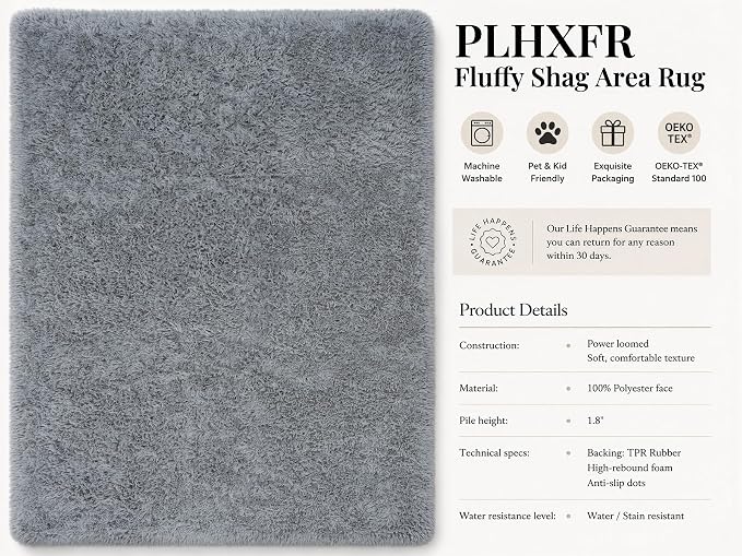 Area Rug for Living Room Bedroom: 8x10 Grey Soft Fluffy Shag Upgrade Non-Slip High Pile Carpet Large Fuzzy Plush Indoor Floor Decor Shaggy Rug for Kid Boys Girls Dorms Playroom Nursery Modern Home