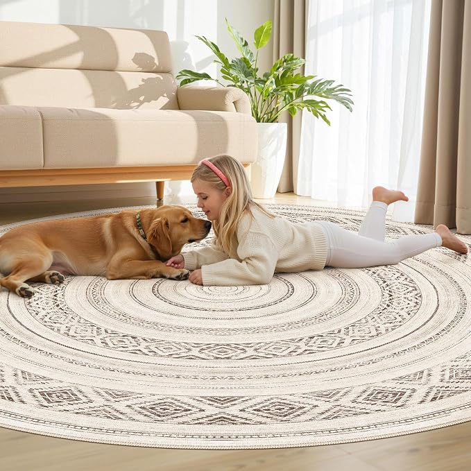cotiled 8x8 Round Area Rugs Living Room Rug: Washable Boho Rugs with Non Slip Backing Large Soft Indoor Stain Resistant Carpet for Bedroom Farmhouse Dining Room Lightweight Home Decor Dark Brown