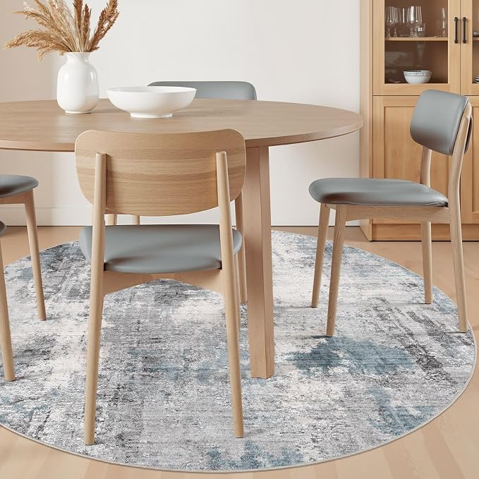 Abstract 5FT Round Rug: Machine Washable Non Slip Ultra Thin Low-Pile Carpet, Soft Stain Resistant for Living Room Bedroom Nursery, Kid Pet Friendly, Robot Vacuum Compatible - Grey Blue