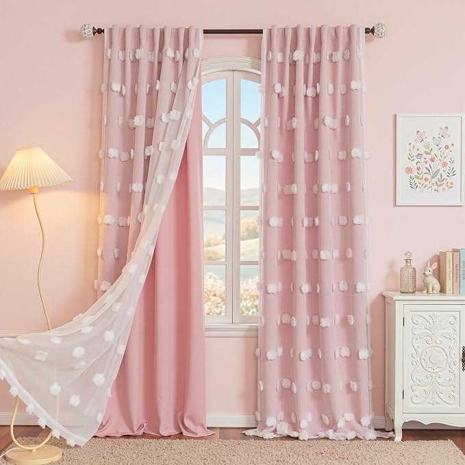MYSKY HOME Pink Curtains for Living Room 90 Inches Long with Pom Pom Sheer Room Darkening Nursery Kids Bedroom Back Tab Double Layer Drapes Window Panels, 52 x 90 inch, Blush Pink, 2 Pieces