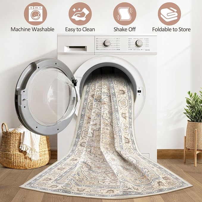 7x9 Area Rug Living Room: Washable Boho Large Neutral Vintage Soft Rug Stain Resistant Farmhouse Non-Slip Indoor Floor Carpet for Bedroom Nursery Kids Playroom Office Dining Room- Sand Blue