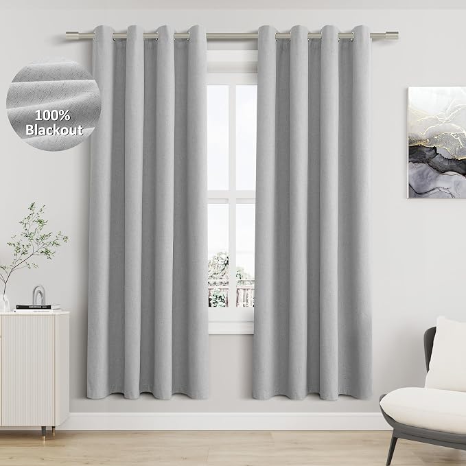 Jowels Grey Linen Blackout Curtains 72 Length 2 Panels Set for Living Room Bedroom, 100% Black Out Thermal Insulated Linen Drapes, Room Darkening Grommet Curtains 72 Inches Long
