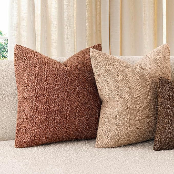 Foindtower Set of 2, Decorative Textured Boucle Throw Pillow Covers Accent Solid Pillow Cases Neutral Soft Cozy Couch Cushion Case for Chair Sofa Bedroom Living Room Home Decor 24x24 Inch Red Taupe