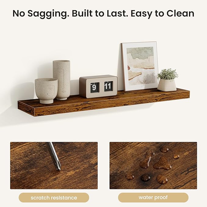 Fun Memories Floating Shelves for Wall, 36 Inch Long Set of 2 Rustic Wood Wall Shelves with Invisible Brackets, Heavy Duty Storage Display for Living Room Bedroom Kitchen, Brown