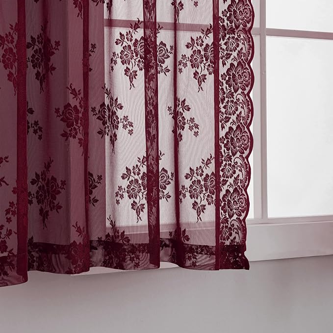 Kotile Burgundy Lace Curtains Short 30 Inch Length 2 Panels Cottagecore Floral Maroon Sheer Kitchen Curtains Over Sink, Rod Pocket Privacy Light Filtering Window Lace Cafe Curtain, 42 x 30 Inch