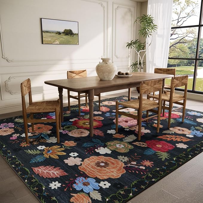 6x9 Area Rugs for Living Room: Washable Bedroom Rug Non Slip Low Pile Soft Faux Wool Non Shedding Vintage Floral Large Carpet for Dining Room Under Table Nursery Entryway Home Office Farmhouse Indoor