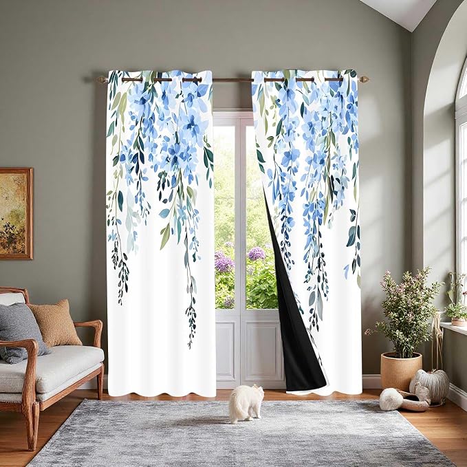 Blue Watercolor Floral Curtains, Botanical Leaves Vine Flowers Curtain, Rustic Farmhouse Flower Leaf Blackout Window Treatment Drapes for Bedroom Living Room 52x96 inch, 2 Panels