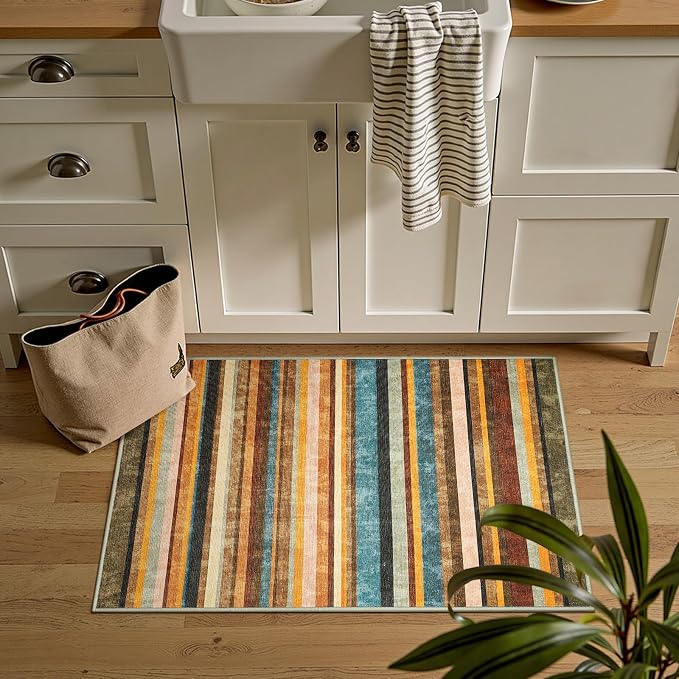 jinchan 2x3 Striped Rug for Entryway Washable Kitchen Rug Small Mat Non Slip Indoor Doormat Lightweight Low-Profile Decor Throw Carpet for Entrance Bathroom Laundry Room, Pine Dawn