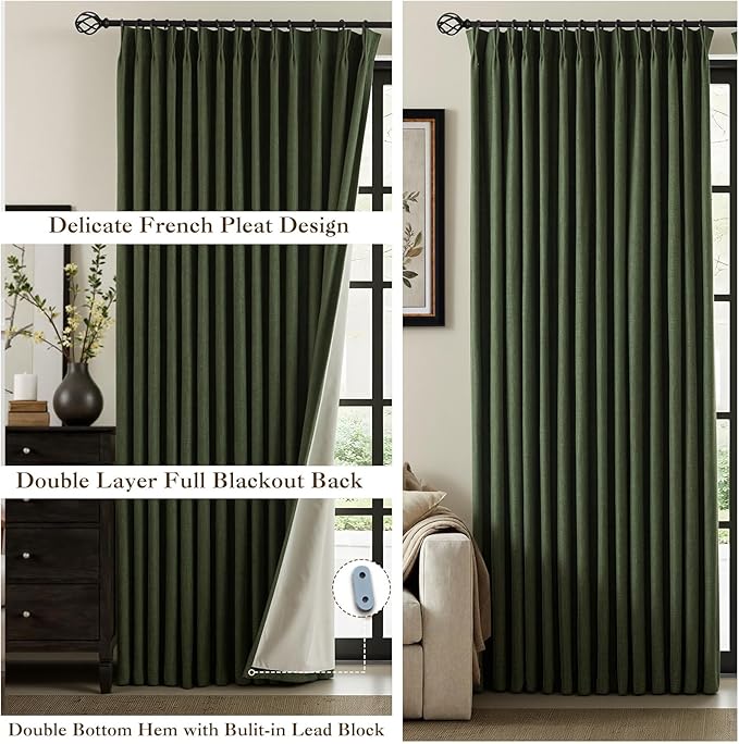 IVAPUPU Linen Pinch Pleated Blackout Curtains for Bedroom - Full Black Out Green Curtains 90 Inch 2 Panels Set for Living Room Darkening Thermal Window Curtain Drapes for Christmas Decor