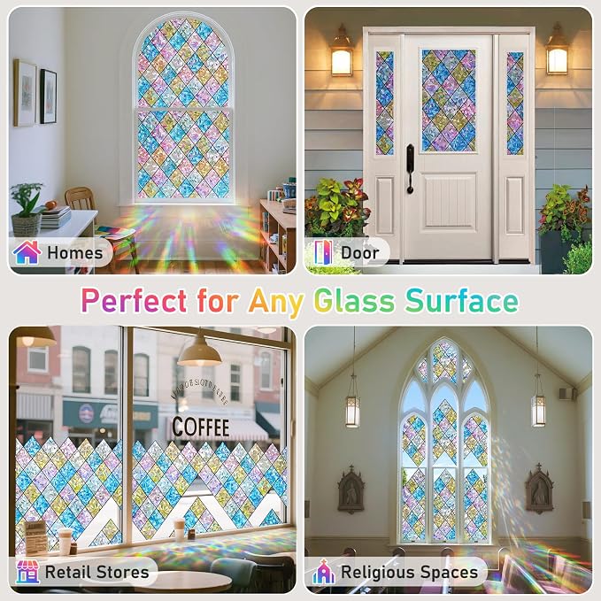 Sunbaby Window Privacy Film Stained Glass Decorative Rainbow Window Cling 3D Static Clings Colorful for Home Decoration, Anti-UV & Heat Control Non-Adhesive (17.5"x78.7")