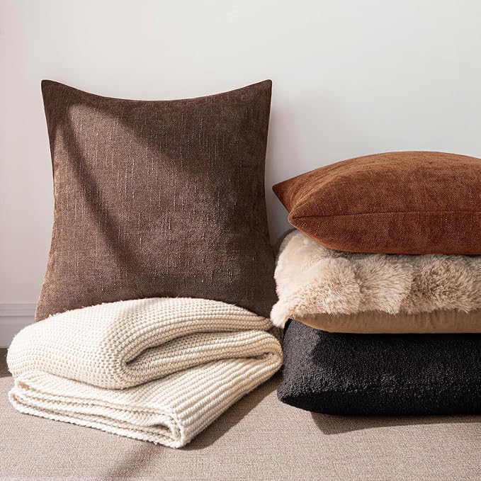 MIULEE Pack of 2 Decorative Throw Pillow Covers Soft Chenille Throw Pillows Solid Neutral Farmhouse Textured Cushion Covers for Couch Sofa Bedroom Living Room 20x20 Inch,Red Brown
