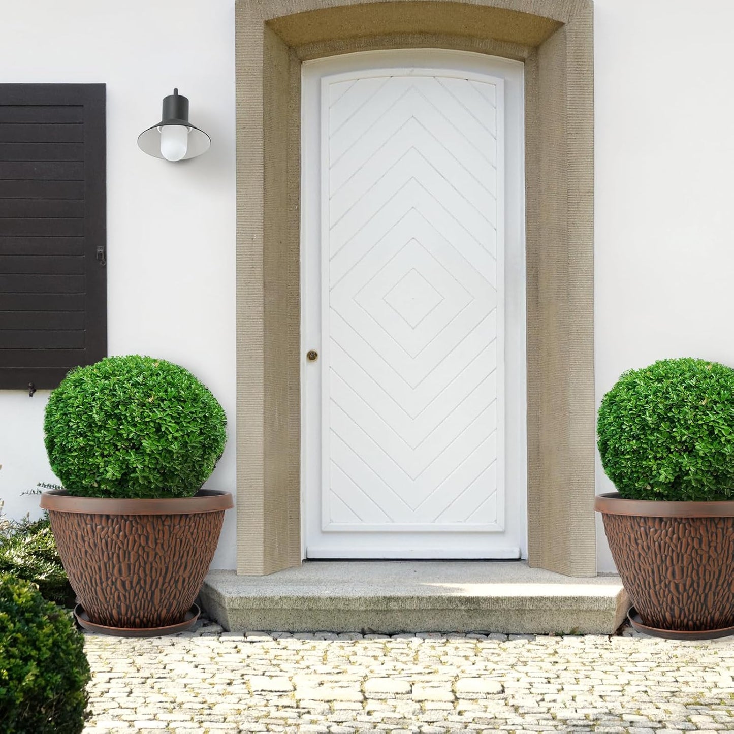 16 Inch Large Outdoor Plant Pot, 4 Pack Thickened Flower Pots with Drainage Holes & Saucer, Pebbles Pattern Design Tree Planters Outdoor for Garden Porch Home