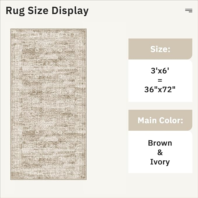 Soalmost Runner Rug 3x6 Washable Non-Slip Kitchen Runner Rugs for Bathroom Laundry Room Brown Vintage Floor Carpet Runners for Hallway Entryway