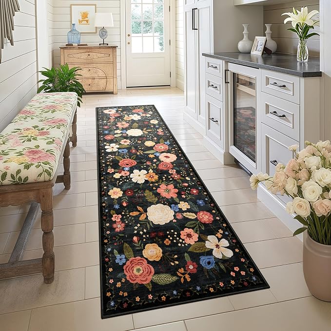 2x6 Machine Washable Runner Rug, Kitchen Hallway Area Rug Black Green Vintage Boho Floral Non-Slip Low Pile Soft Faux Wool Carpet Kids and Pets Friendly for Bedroom Entryway Nursery Home Decor Rug