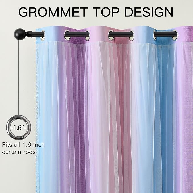 XiDi Double Layer Curtains with Sheer Overlay for Girls Bedroom Living Room 2 Panels 96 Inches Long Colorful Rainbow Blackout Curtains for Kids Unicorn Princess Grommet Drapes Pink Purple W52 x L96
