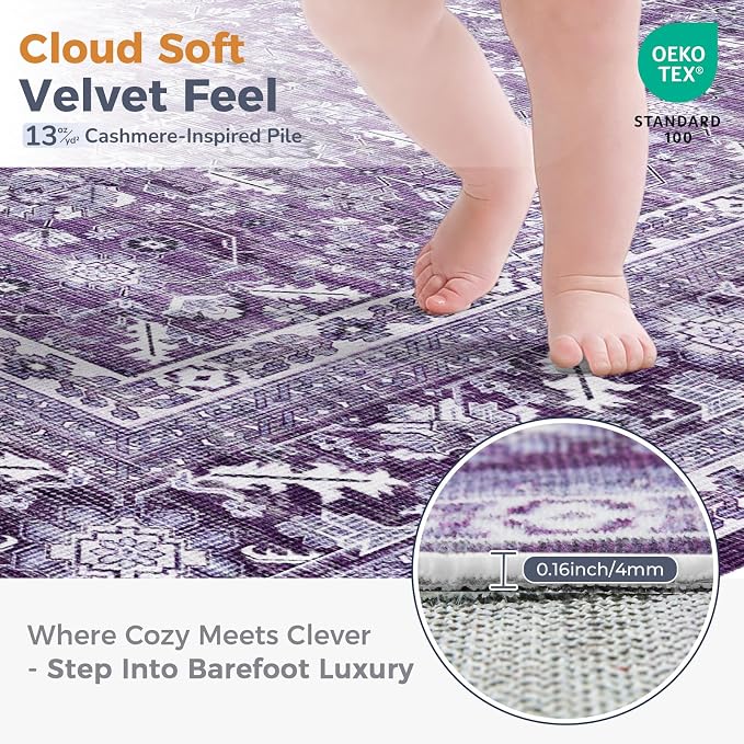 OPPODREAM Vintage Purple Area Rugs 4x6, 4 x 6 Retro Washable Rug Non Slip, Low-Pile Faux Wool Carpet, Distressed Floor Mat for Living Room, Bedroom, Kitchen, Office, Dorm, Dinning Room