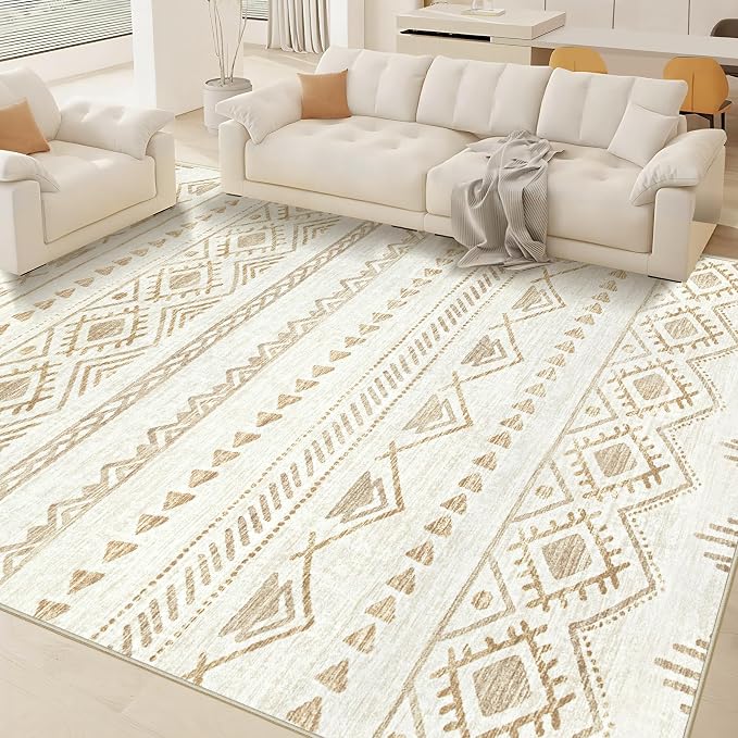 Area Rug Living Room Rugs 8x10 - Large Soft Boho Geometric Rug, Non-Slip Foldable Washable Rugs Non Shedding Morden Indoor Floor Carpet for Living Room Bedroom Office Dining Room(Beige Brown,8'x10')