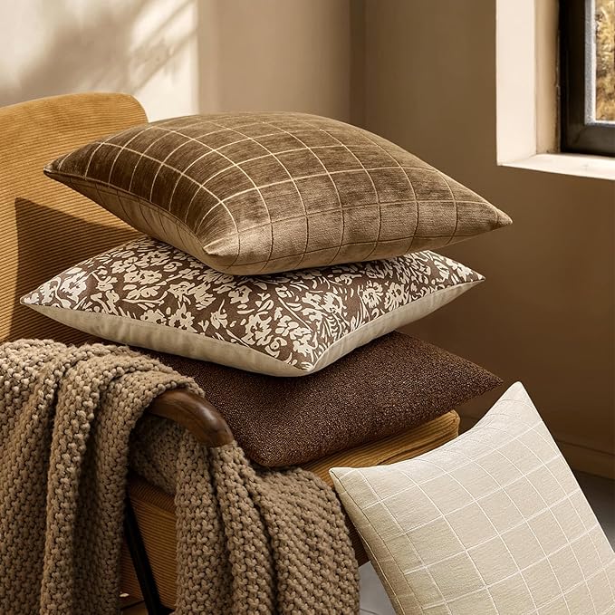 MIULEE Toffee Plaid Decorative Fall Throw Pillow Covers 24x24 Set of 2 | Vintage Check Chenille Couch Pillows Boho Farmhouse Cushion Covers Modern Fall Home Decor for Sofa Bed Living Room