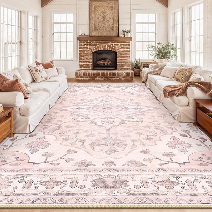 RELEANY Area Rugs Large 10'x14' Washable Non-Slip, Floral Vintage Distress Medallion Carpet for Living Room Bedroom Dining Room, Pink Greypink Cute