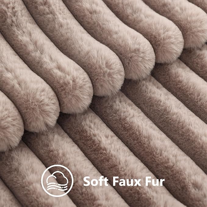 decorUhome Fall Faux Fur Throw Pillow Covers 26x26 Set of 2 Decorative Soft Plush Striped Modern Farmhouse Boho Couch Euro Sham Pillow Cases with Velvet Back for Sofa Bed Living Room, Light Coffee