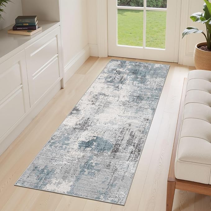Abstract 2x6 Runner Rug: Machine Washable Non Slip Ultra Thin Low-Pile Carpet, Soft Stain Resistant for Hallway Kitchen Bathroom, Kid Pet Friendly, Robot Vacuum Compatible - Grey Blue