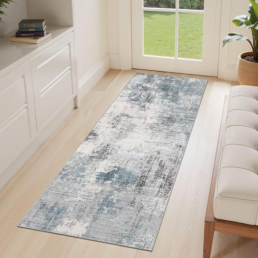 Abstract 2x6 Runner Rug: Machine Washable Non Slip Ultra Thin Low-Pile Carpet, Soft Stain Resistant for Hallway Kitchen Bathroom, Kid Pet Friendly, Robot Vacuum Compatible - Grey Blue