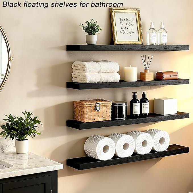 ROGMARS Black Floating Shelves for Wall 36 inch,Rustic Solid Wood Farmhouse Wooden Floating Wall Shelves with Invisible Brackets for Bedroom,Living Room, Kitchen, Bathroom,Set of 4