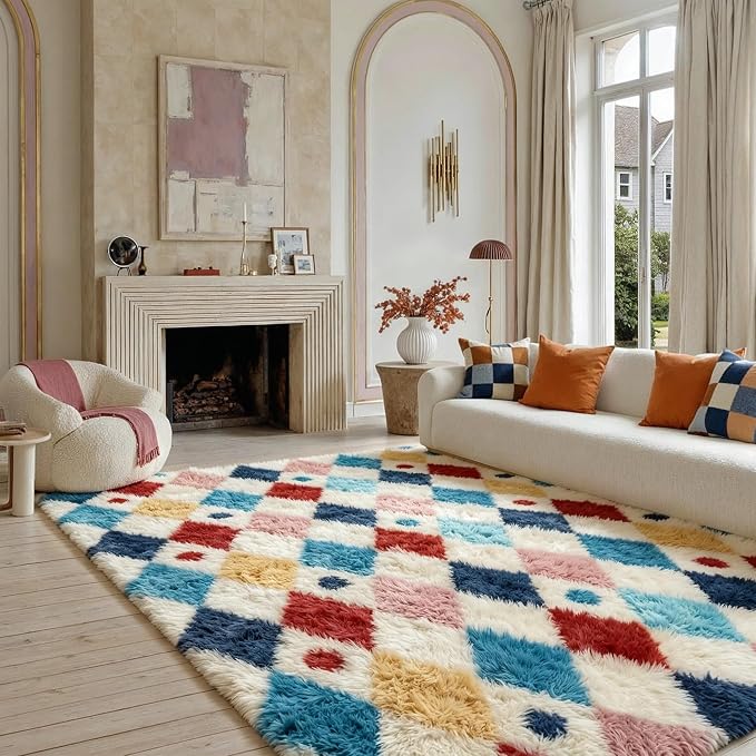 PureCozy Checkered Rug 5x8 Fluffy Shag Living Room Colorful Area Rug Modern Washable Carpet Soft Shaggy Non Slip Indoor Plush Fuzzy Rugs for Bedroom Dorm Office Home Aesthetic Decor