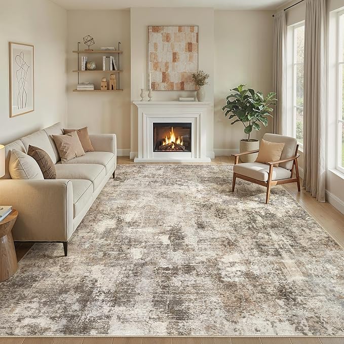 WITSHOCK Area Rugs 9x12 Living Room Rug - Washable Neutral Soft Low Pile Non-Slip Modern Abstract Thin Large Indoor Carpet for Bedroom Dining Room Nursery Office - Dark Brown