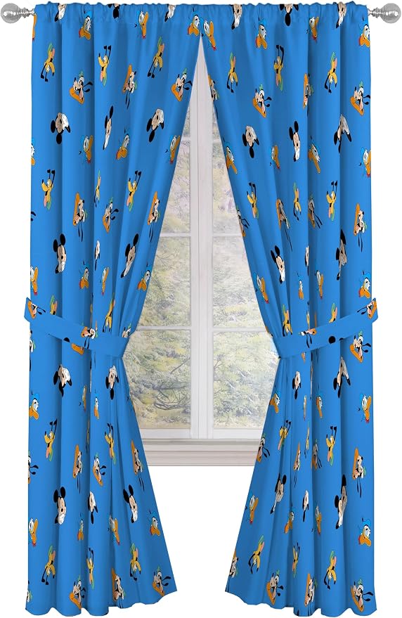 Jay Franco Window Curtains for Kids Bedroom 4-Piece Drape Set with 2 Tiebacks, Blue - Mickey Mouse, 42" W x 84" L (Pack of 2)