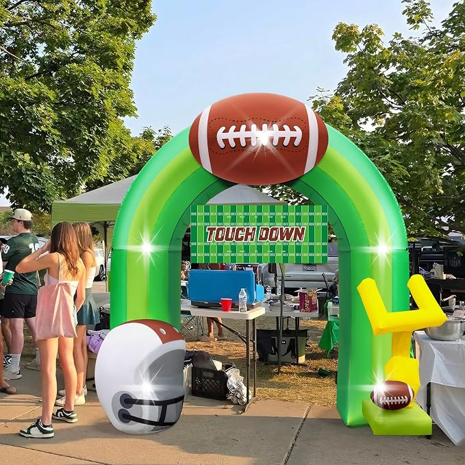 9FT Football Party Decorations for Game Day Blow Up with Helmet Built in LED Lights Goal Post for Yard Giant Balloon Photo Prop for Gift Light Green Football Inflatable Arch