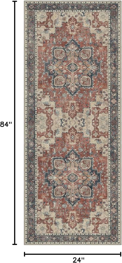 GENIMO 2x7 Runner Rugs for Hallway, Machine Washable Non Slip Vintage Rugs, Low Pile Lightweight Soft Print Rug for enrtyway, Corridor, Home Office, Kitchen, Bordeaux