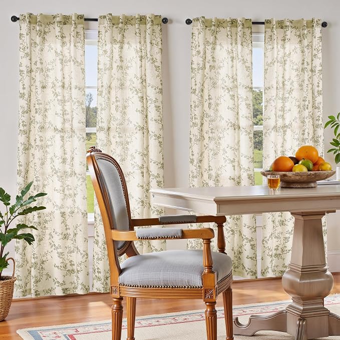 jinchan Green Floral Linen Curtains 84 Inch Flower Drapes Back Tab 2 Panels | Green on beige, light filtering, semi sheer, farmhouse, rustic, country, bedroom, living room, kitchen, window treatment
