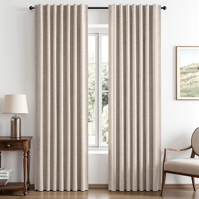 MIULEE 100% Blackout Linen Curtains for Bedroom, Khaki Solid Luxury Decor Thermal Insulation Room Darkening Drapes for Living Room Back Tab Rod Pocket 42 x 90 Inches, 2 Panels