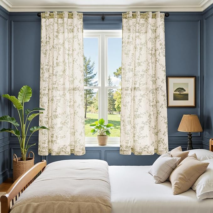 jinchan Green Floral Linen Curtains 63 Inch Farmhouse Back Tab 2 Panels | Green on beige, light filtering, semi sheer, country, rustic, flower, drapes, bedroom, living room, office, home decor