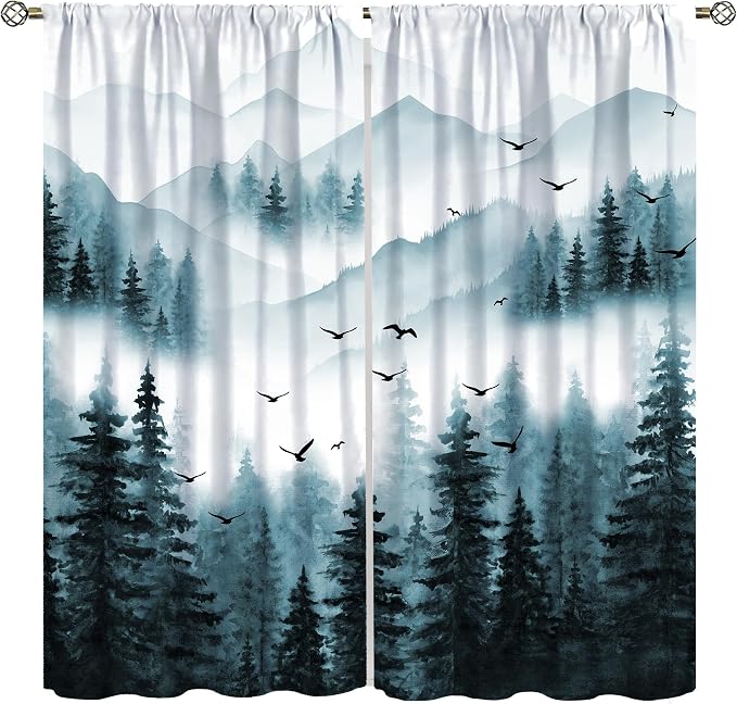Forest Blackout Curtains for Kitchen Retro Natural Countryside Mist Blue Watercolor Mountain Forest Tree Theme Print Windows Treatments for Boys Girls Bedroom Living Room 42x45in