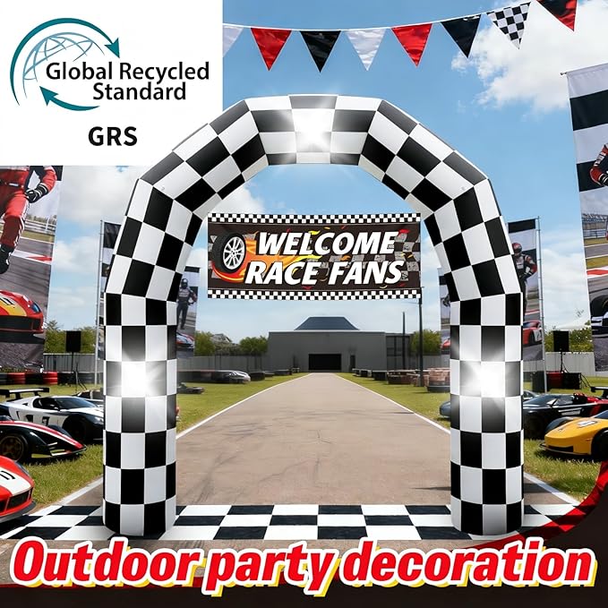 8FT Black and White Checkered Outdoor Race Car Inflatable Arch | Blow Up Racing Party Decoration with 3 Banners Built-in 3 LED Lights for Race Car Themed Birthday Party Lawn Yard Decor