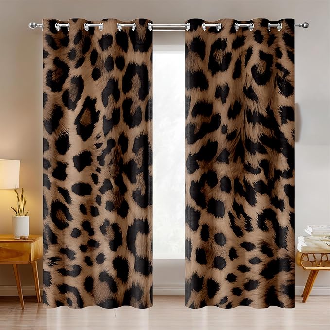 Sexy Leopard Print Blackout Curtains, Wild Animal Cheetah Print Brown Black Fur Window Drapes, Living Room Bedroom Decor 2 Panels 52x96 Inch