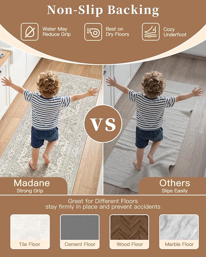 Madane 2-Piece Area Rugs Set, Small Kitchen Runner Non-Slip, Beige/Brown | Rug Runners Vintage Door Mat Indoor Entrance, Low Pile Floor Carpet for Inside Front Bedroom Entryway Entry Laundry 2x3+2x4