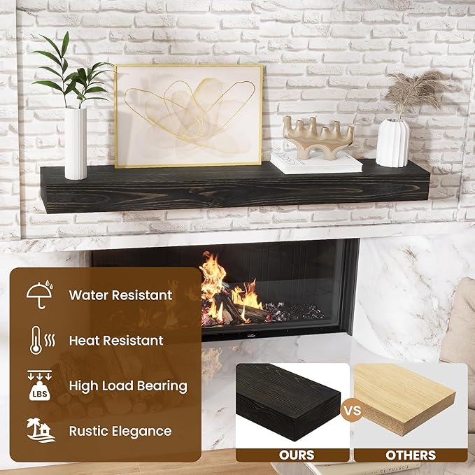 Acovy Floating Fireplace Mantel Shelves, 60x8x3 Inches Natural Wooden Floating Shelf for Over Fireplace, Wall-Mounted Mantel Shelf for Living Room and Home Decor, Black