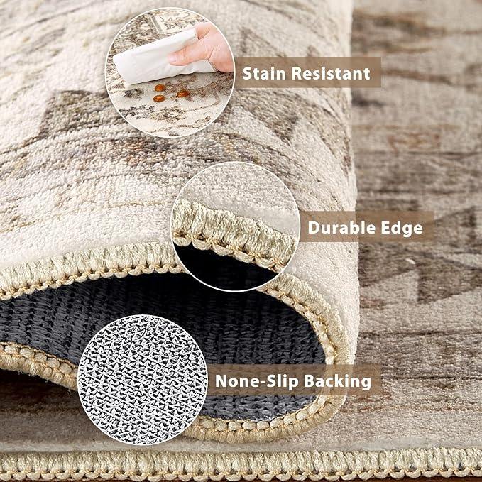 Vintage Hallway Runner Rug 3x10: Large Soft Washable Entryway for Kitchen Laundry Room Non-Slip Backing Runner for Entrance Living Room Bedroom Bathroom - Light Brown