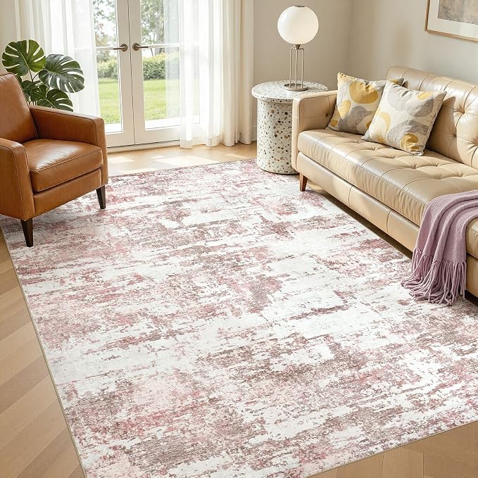 Area Rugs 5x8 Living Room: Washable Large Abstract Modern Neutral Soft Rug Stain Resistant Non-Slip Backing Carpet for Bedroom Dining Room Indoor Nursery Dorm Home Office Decor - Pink