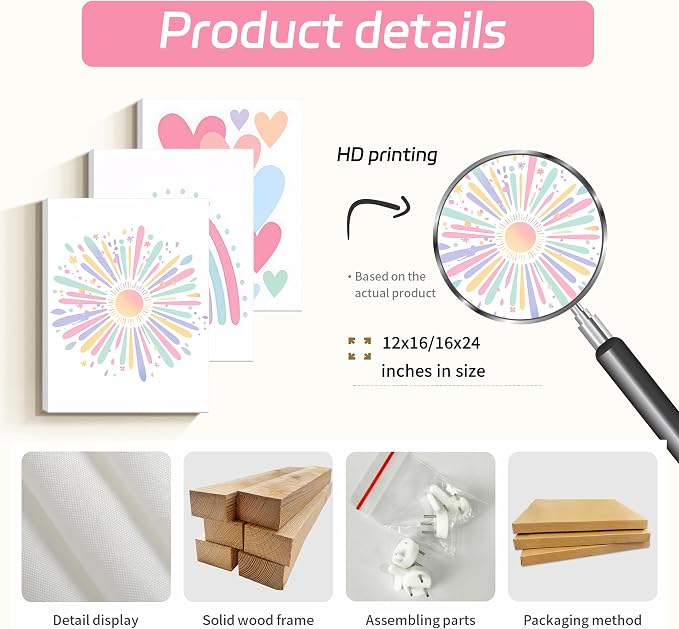 3 Piece Toddler Girl Room Decor Rainbow Decor for Girls Bedroom 12x16 Inch | Colorful Boho Sunshine Paintings for Nursery Decor, Kids Room Wall Decor, Classroom Decoration