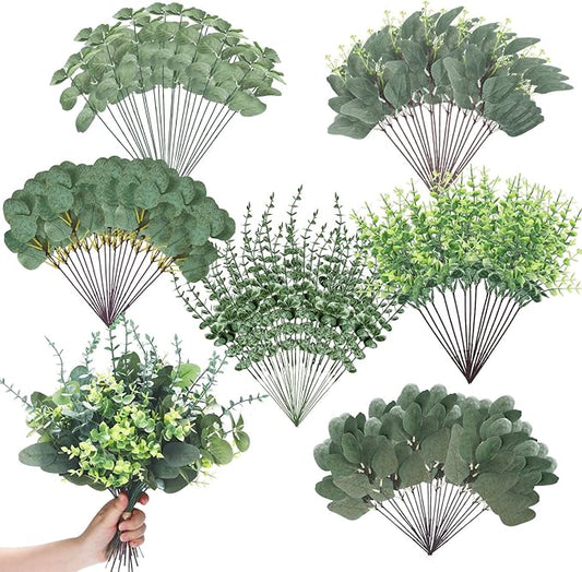 Ceenna 200 Pcs 6 Kinds Mixed Greenery Stem Artificial Faux Eucalyptus Leaves Silver Dollar Eucalyptus Picks and Sprays for Vase Dried Fake Greenery Filler Leaves Bundle for Wedding Floral Arrangement