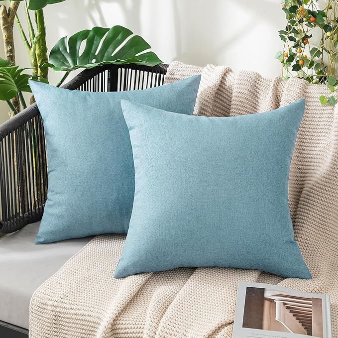 MIULEE Pack of 2 Decorative Outdoor Solid Waterproof Throw Pillow Covers Faux Linen Garden Farmhouse Coastal Cushion Cases for Summer Patio Tent Balcony Couch Sofa 18x18 Inch Blue Gray